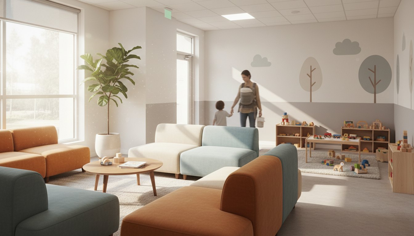 Family-friendly clinic waiting area with soft daylight